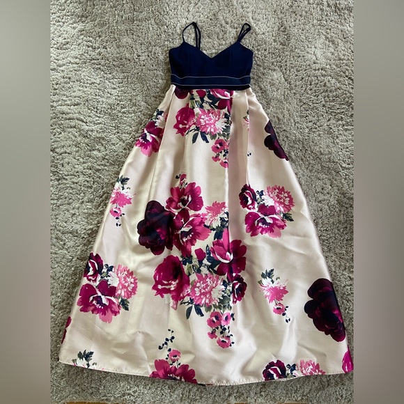 Spaghetti strap navy blue & large blush base, floral print skirt - Picture 3 of 6